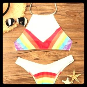 Rainbow Print Halter Neckline Bikini